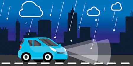 一幅圖像顯示一輛藍色轎車在夜間降雨時行駛，車頭燈照亮前方的路面標線。
