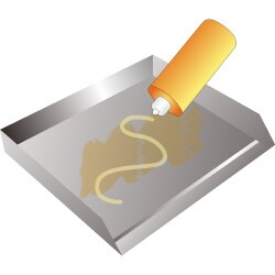 3M(TM) 百利(TM) 煎板清潔系統: 清潔作業SOP 第一步-擠：採用煎板清潔劑徹底溶解油脂與積碳