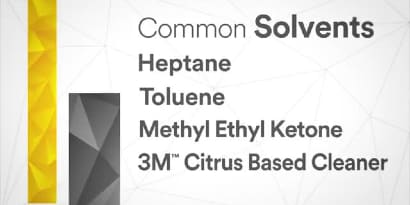影片畫面，並附有文字：「常見溶劑：庚烷、甲苯、甲乙酮、3M™ 柑橘類清潔劑」
