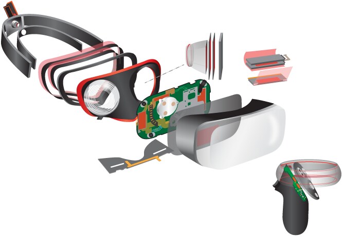 an exploding view diagram of an AR/VR (augmented reality/virtual reality) headset and the assembly and internal electric components.
