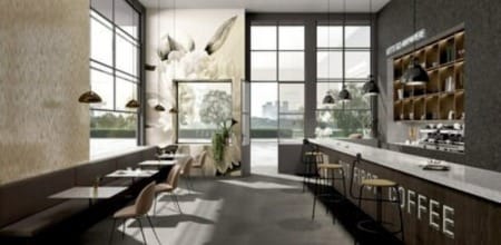 整潔明亮現代化風格的咖啡館內部裝潢充分展現餐廳採用 3M 貼膜的顯著成效。
