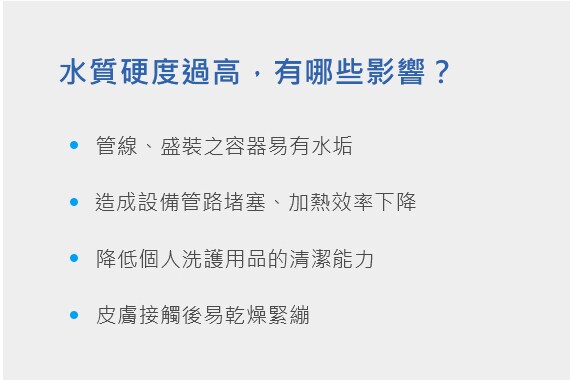 水質硬度過高對於設備、管線、使用者皮膚、洗護用品清潔能力的影響
