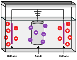 Graphic image of an anode and two cathodes immersed in liquid and showing electrical charges for each