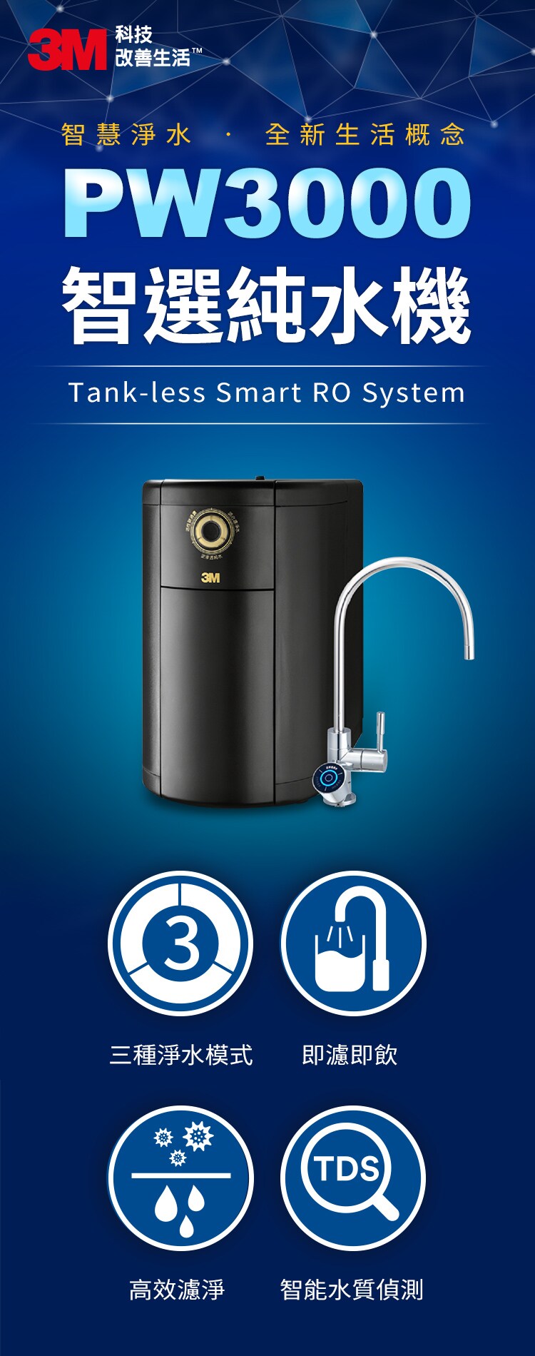 3M™ PW3000 智選純水機：三種淨水模式、即濾即飲、高效濾淨、智能水質檢測