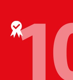 紅底淡粉10與白色保固圖示，標示原廠五年保固資訊呈現