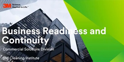 Business Readiness and Continuity, Commercial Solutions Division, 3M Cleaning Institute, with image of skyscrapers.
