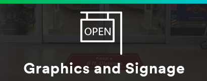 Graphics and Signage, with line drawing of “OPEN” sign on post.
