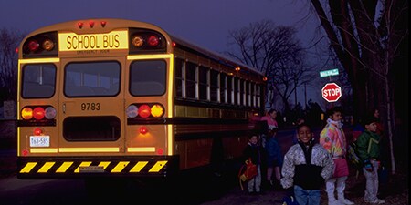 School Bus wrapped with Conspicuity Tape to be reflective.
