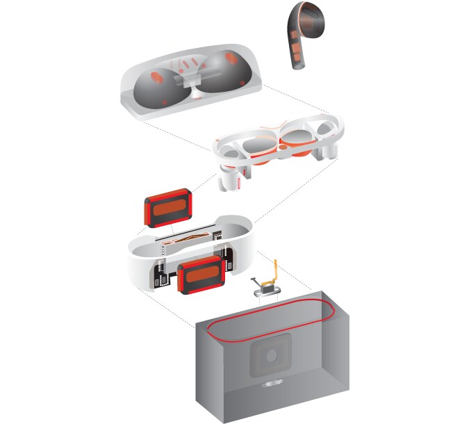 an exploding view diagram of wireless earbuds and their charging case showing the assembly and internal electric components.
