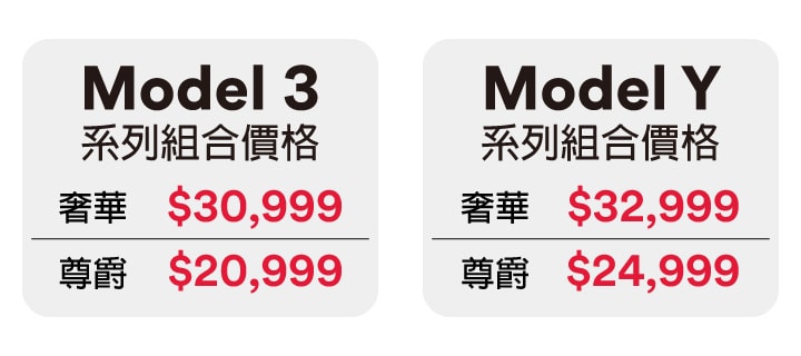 TESLA Model S / TESLA Model 3 組合價格
