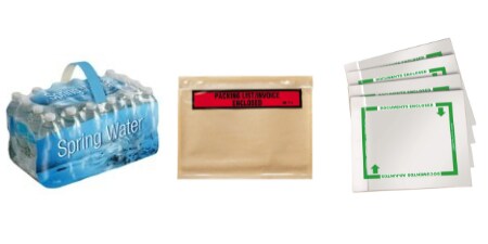 圖片顯示附在水箱上的提手和兩個不同的袋子膠帶，用於附著託運文件
