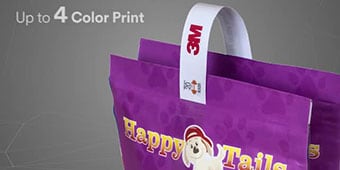 Video still of snack packages taped together as a pair using a 3M™ ScotchPad™ Carry Handle with text “Up to 4-Color Print”
