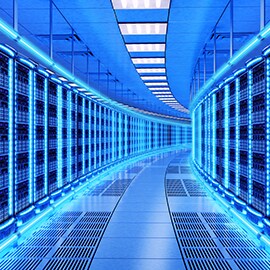 Data center aisles with blue lights