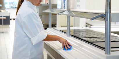 female employee in commercial kitchen cleaning countertops with 3M hex sponge.