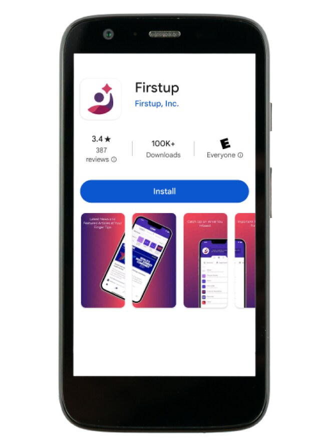 一台在螢幕上顯示 Firstup 應用程式的智慧型手機。
