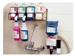 壁掛式化學品分配系統,有五個貼有標籤的容器,分別盛裝不同顏色的液體
