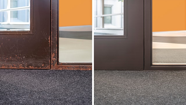Split image with before on the left looking like a worn down door and frame, the After looks new with architectural finishes from 3M applied to door.