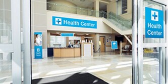 Reception area in hospital foyer.
