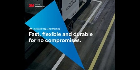 3M™ 工業標示膠帶型錄的封面圖，並附有文字「快速、靈活又耐用，毫不妥協」。
