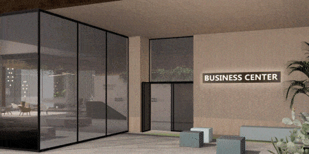 A digital rendering of a business center exterior showing how 3M films can be applied for both surface design and functionality.

