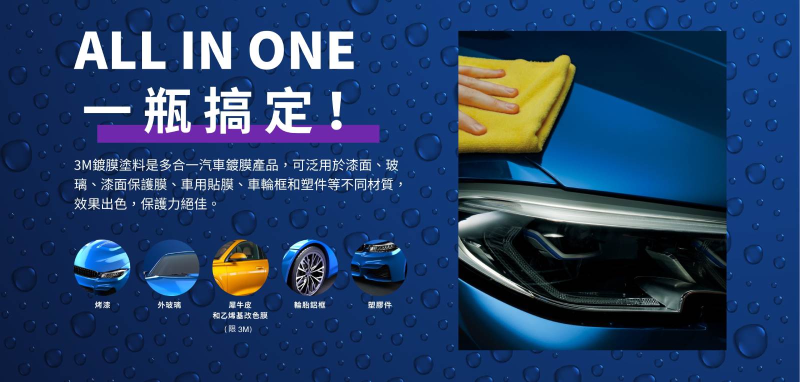ALL IN ONE 一瓶搞定！3M鍍膜塗料是多合一汽車鍍膜產品，可泛用於漆面、玻璃、漆面保護膜、車用貼膜、車輪鋁框和塑料等不同材質，效果出色，保護力絕佳。