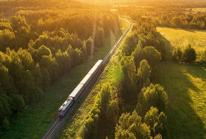 採用被動式列車降溫技術的火車正在穿過森林
