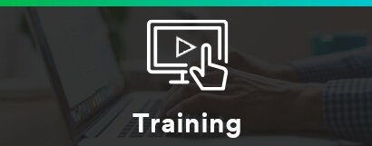 Training on Navigating Guidelines, line drawing of pointing hand icon over computer monitor with video-play arrow.
