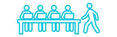 Icon of four office workers with laptops seated at a table with one person walking by
