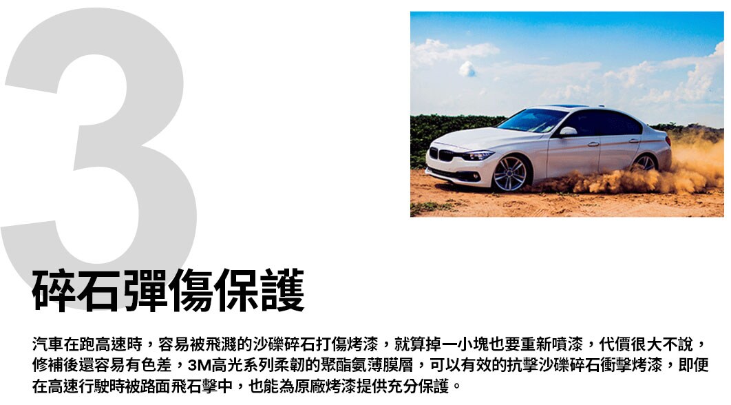 3M™ 烤漆保護膜(犀牛皮)有效抗擊砂礫碎石衝擊烤漆